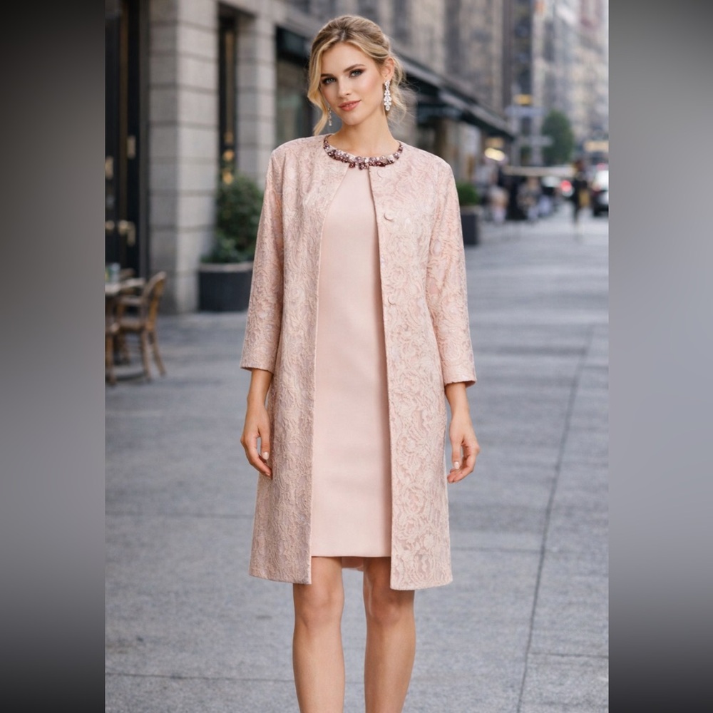 Adrianna papell embellished woven sheath with lace topper dress